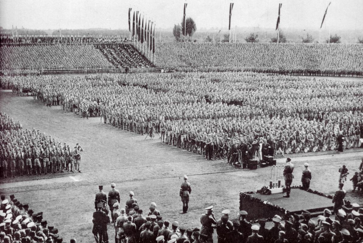 Adolf Hitler addresses Hitlerjugend (Hitler Youth) at a Nuremberg Nazi Party Day rally